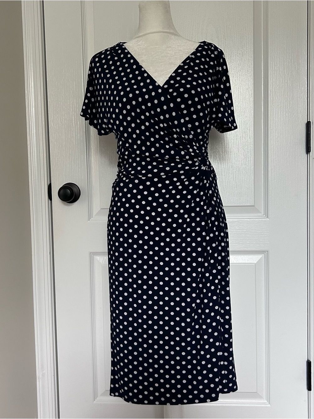 Chaps Navy & White Polka Dot Faux Wrap Ruching Stretch Midi Dress Coquette Girl